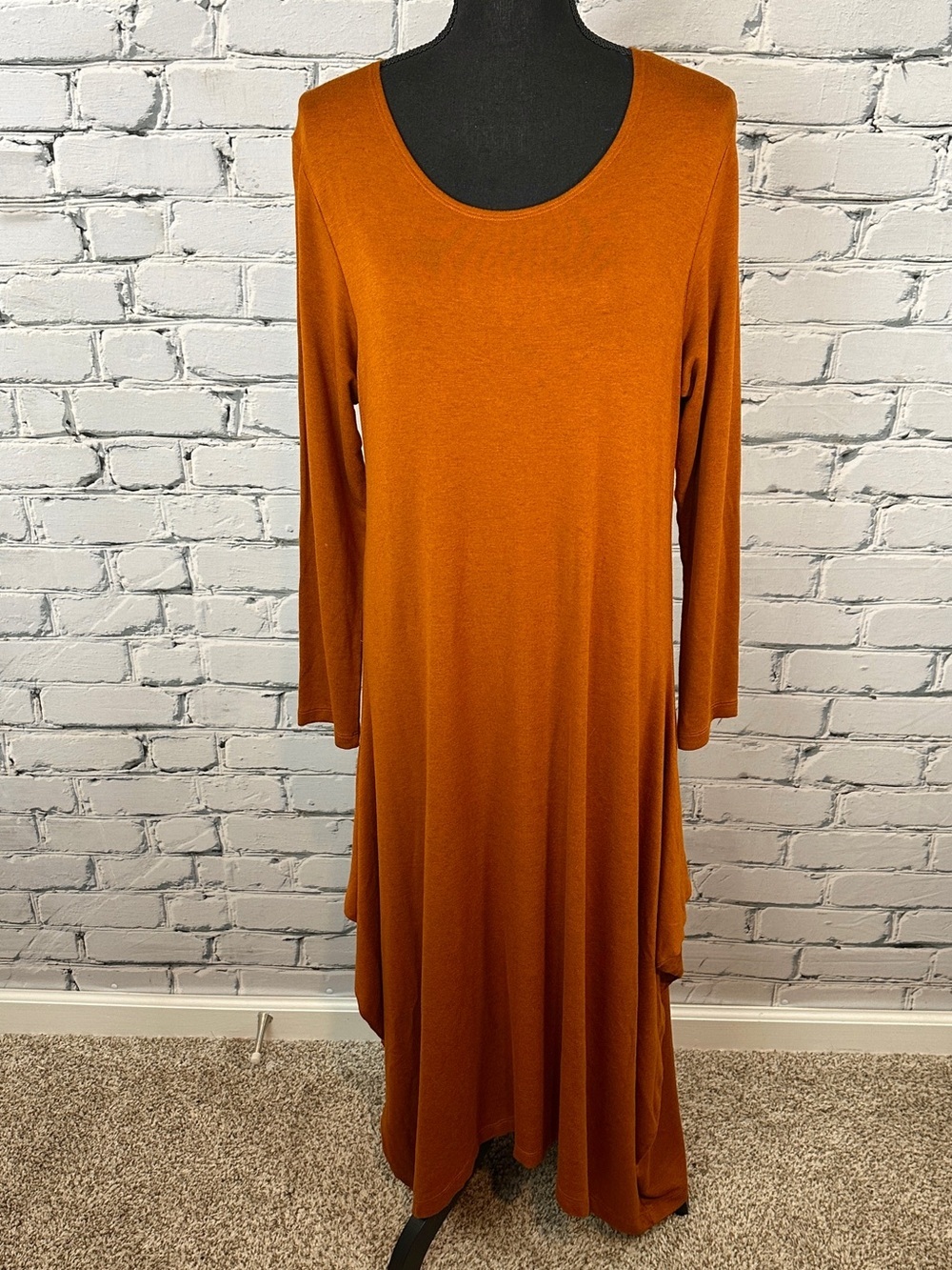 Bryn Walker Lagenlook Midi Knit Tunic Dress Medium Rust Handkerchief Hem Boho